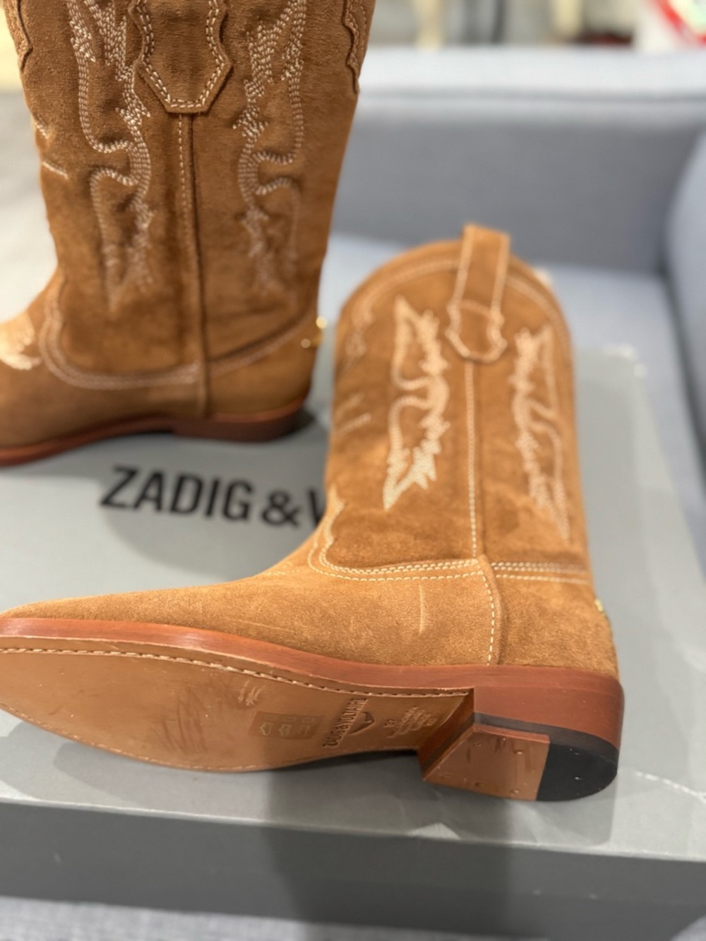 ZADIG & VOLTAIRE Women's Tex Almond Toe Western Boots in Cognac Size: EU 37/US 6 - Picture 8 of 13